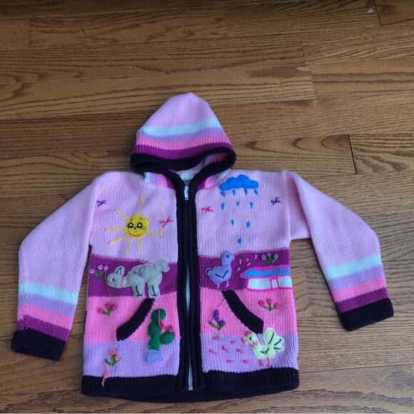 Embroidered Nature appliqués Pink Maroon Color blocked hooded sweater Girl’s 4 - Picture 11 of 11